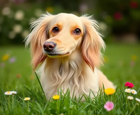 cream long haired dachshund