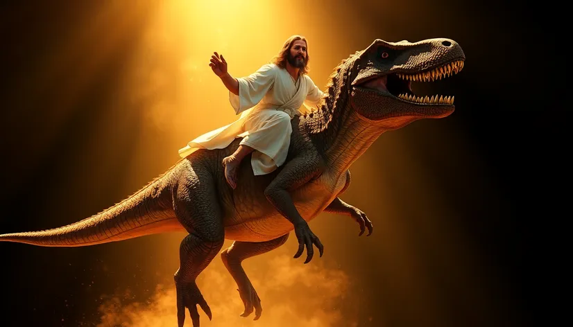 jesus riding a velociraptor