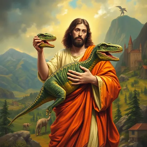 jesus holding a dinosaur