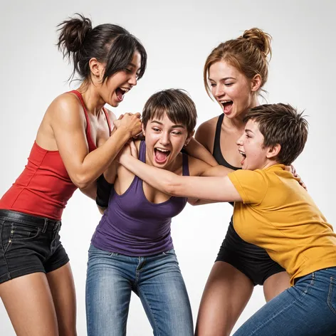 4 playful women wrestling