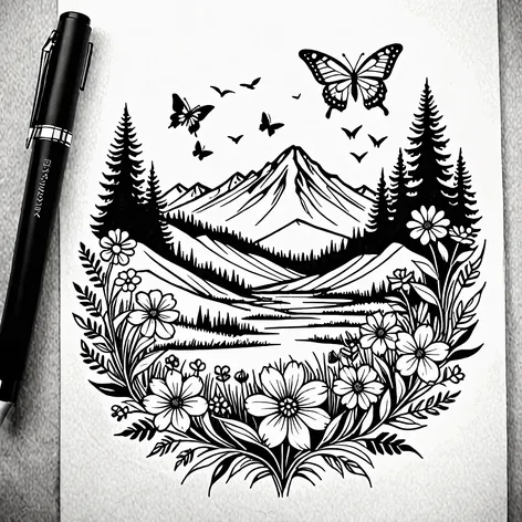 Meadow with flowers, butterflies,