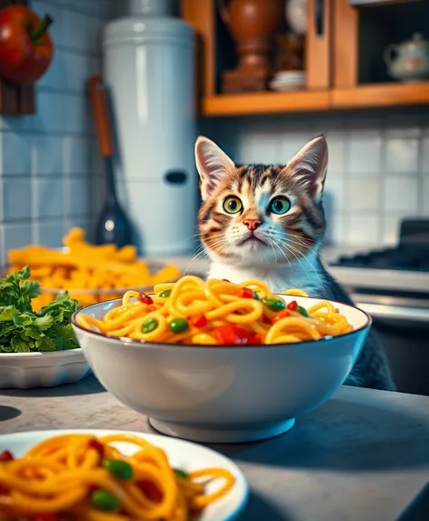 cat eating pasta