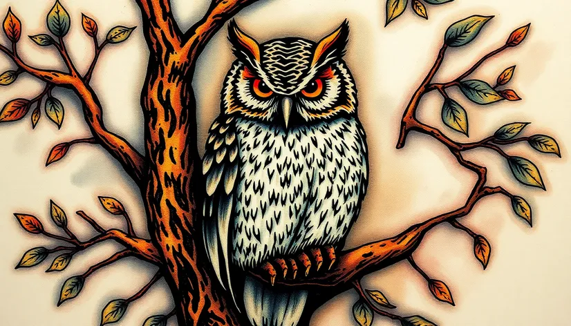 owl on tree tattoo