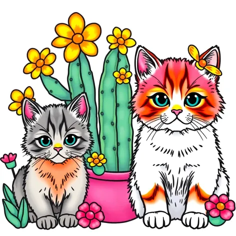 kitty cats cactus coloring