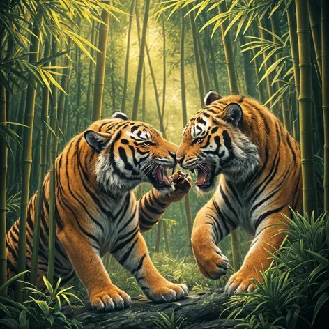 two tigers fighting bamboo