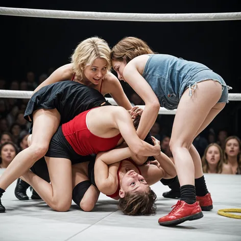 4 playful women wrestling