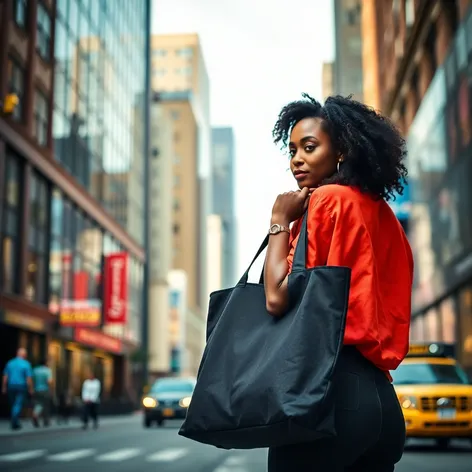 black woman holding tote