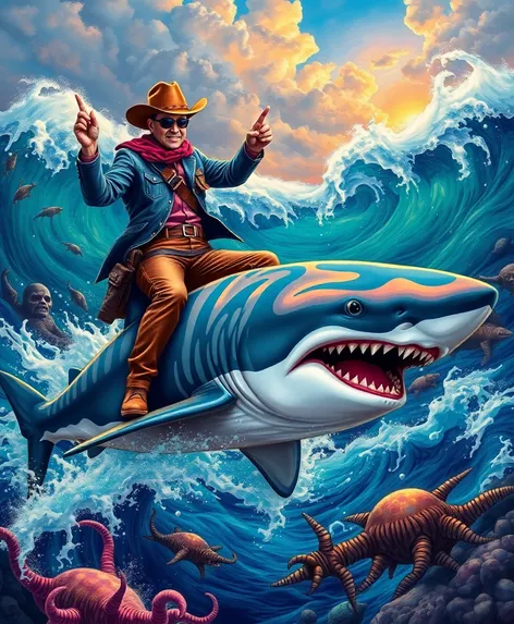 cowboy riding shark