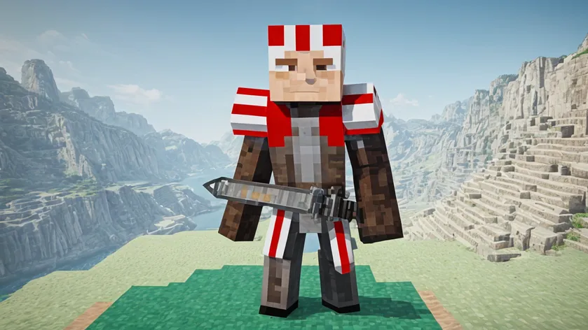 A minecraft warrior holding