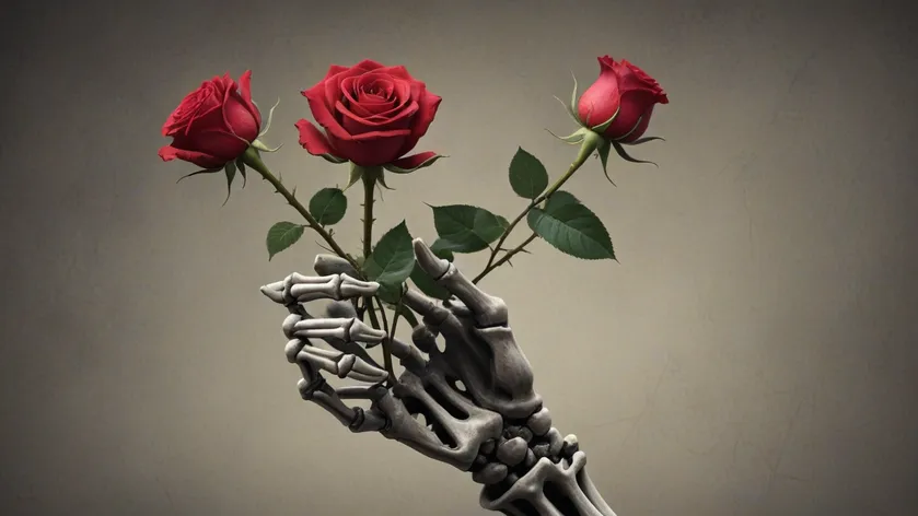 skeleton hand holding rose