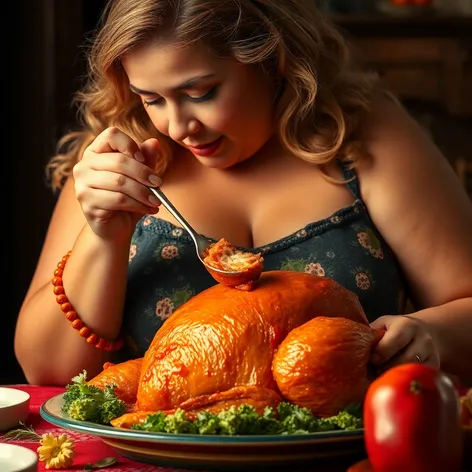 fat lady eating turkey