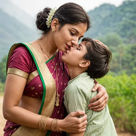 Indian mother kissing her