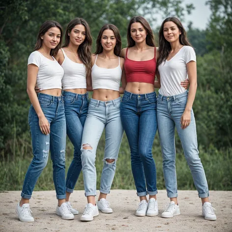 group of girls, jeans,