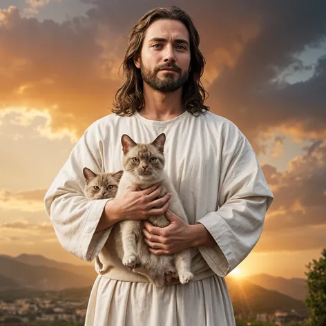 Jesus holding Siamese cat