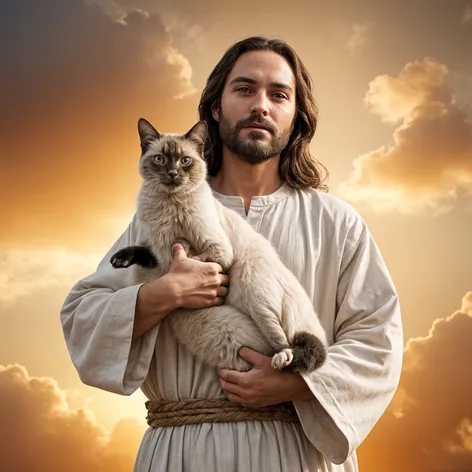 Jesus holding Siamese cat