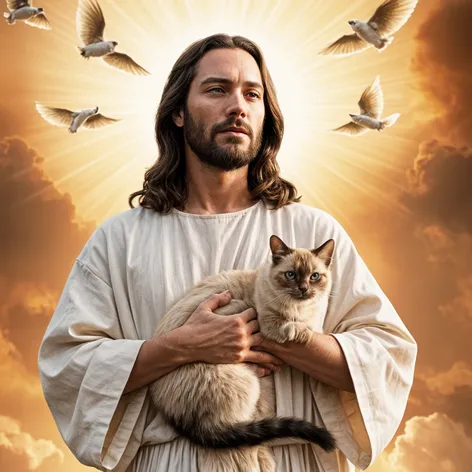 Jesus holding Siamese cat