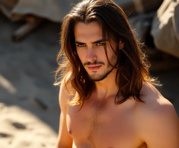 shirtless man long hair