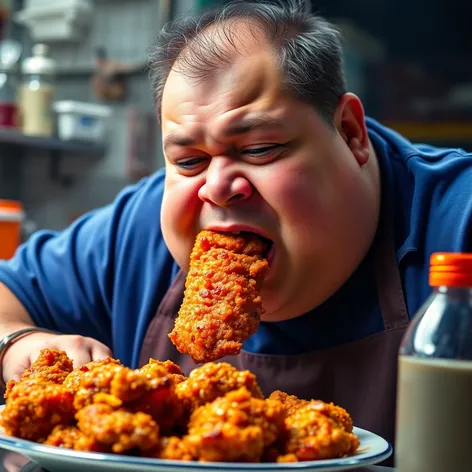 fat person eating chicken