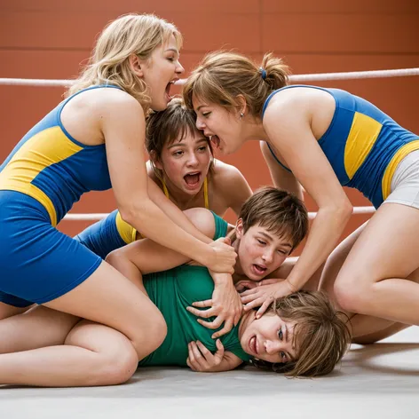 4 playful women wrestling