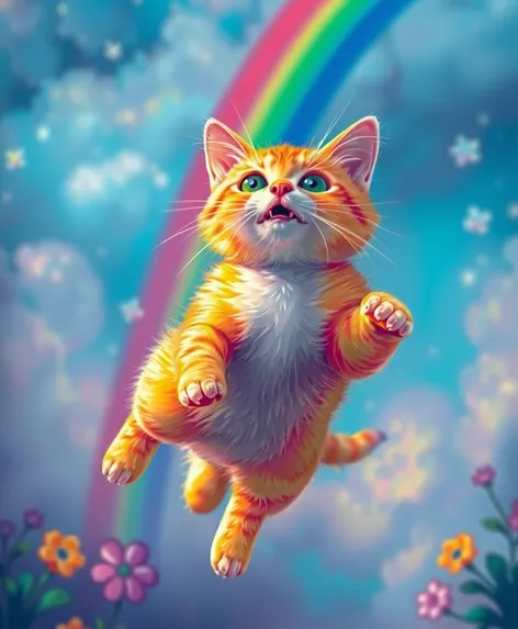 flying cat with rainbow