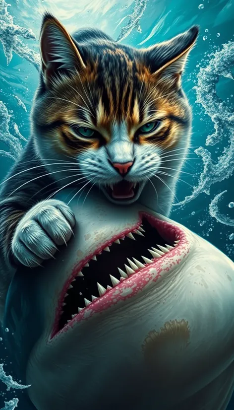 cat biting shark