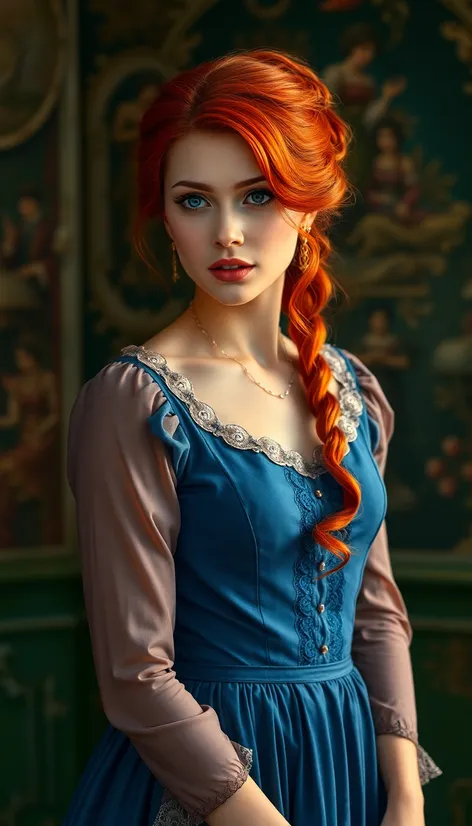 red hair blue dress