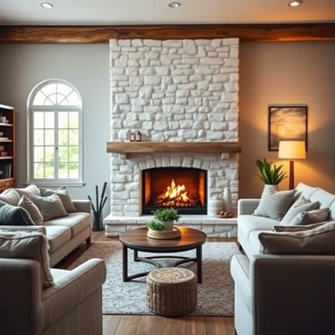 white stone fireplace