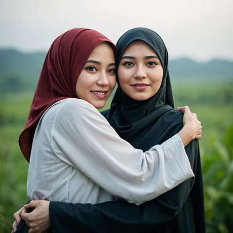 Indonesian hijab women hugging