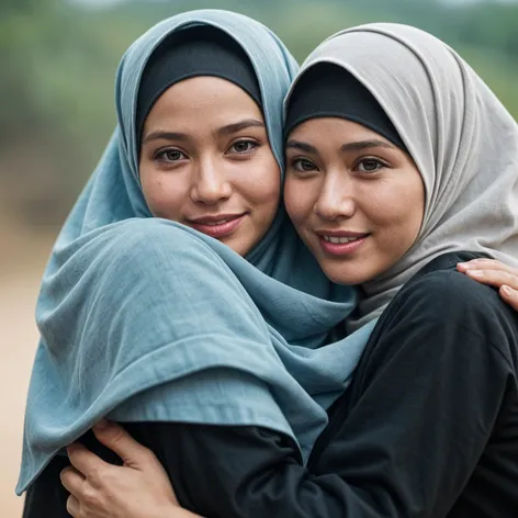 Indonesian hijab women hugging