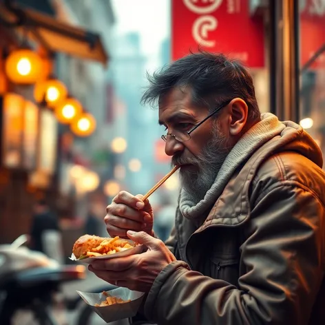 homeless man eating food