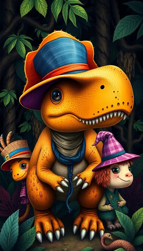 dinsaur wearing different hats