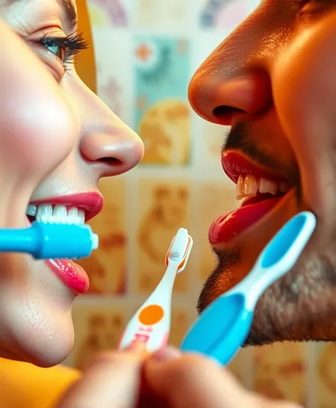 two people brushing teeth