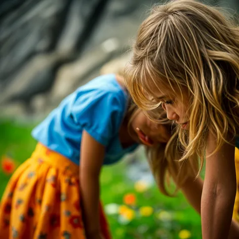 Young girls bent over