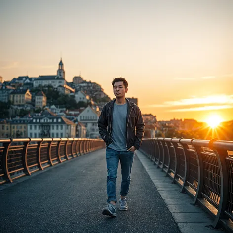 Asian-Man-Strolling-on-Europabrucke-Bridge-at-Sunset, front view