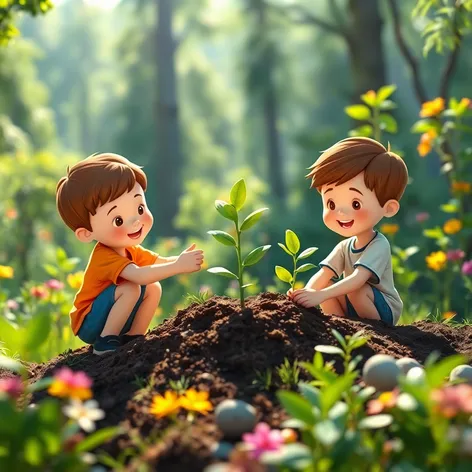 niños plantando arboles animado