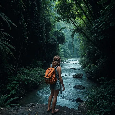 Woman with backpack looking