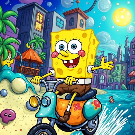 spongebob riding becak