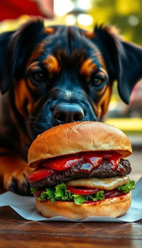 dog eating a burger