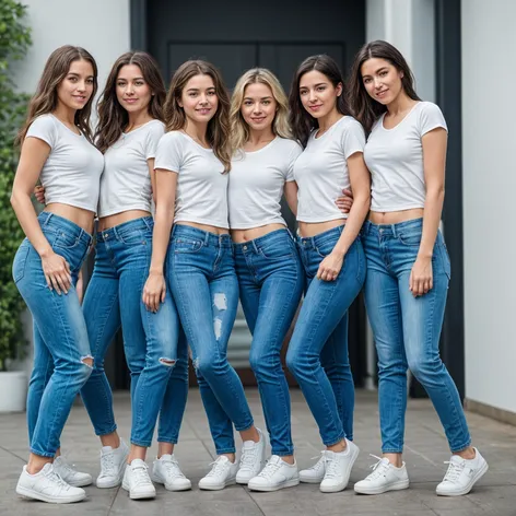 group of girls, jeans,