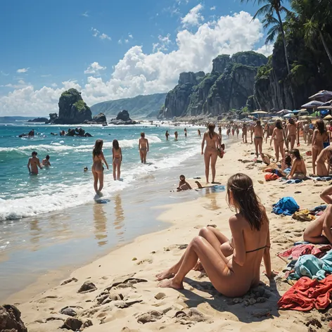 overcrowded nude beach with
