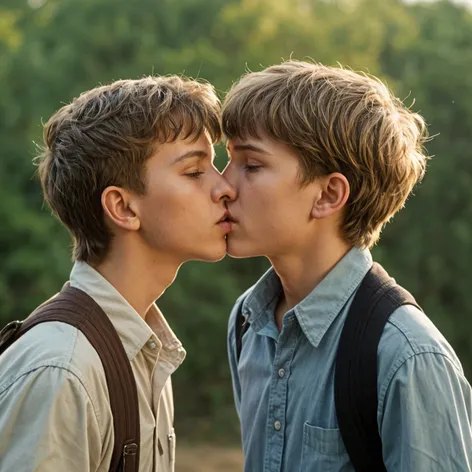 Two teen boys kissing