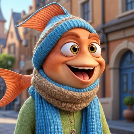 An anthropomorphic fish wearing