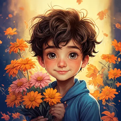 a boy holding flowers