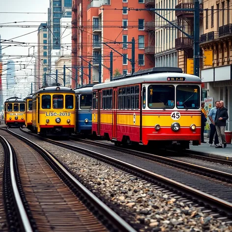 trolleys share railroad tracks