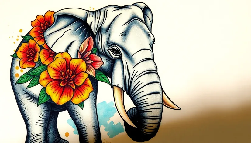 elephant tattoo with flowers