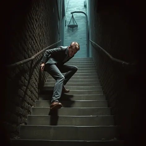 man crawling up stairs