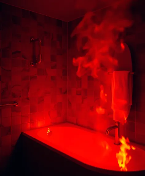 red bathroom burning sun