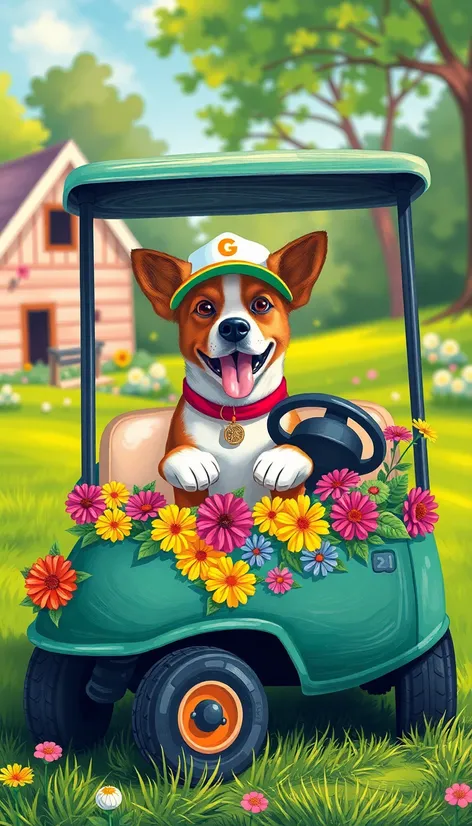 dog driving golf cart