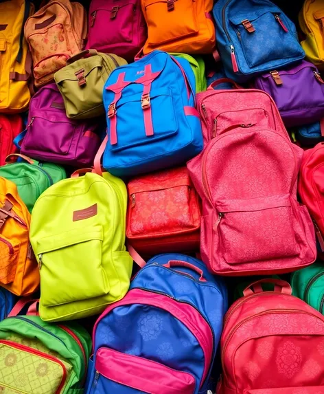 colorful backpacks piled together