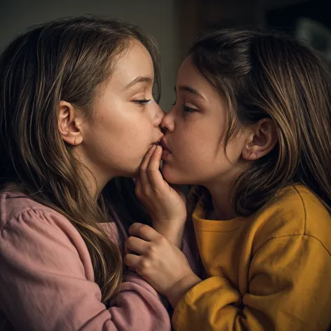 2 girls, kids, kissing